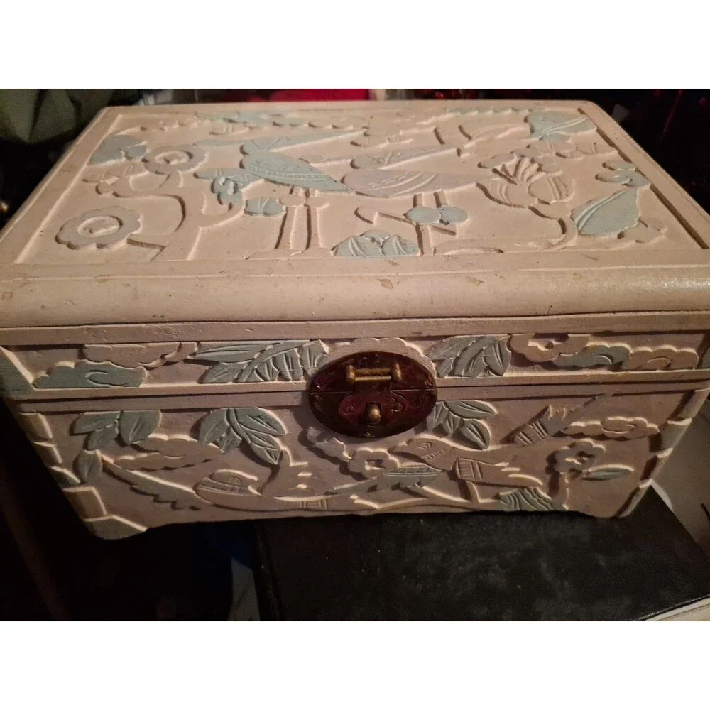 Vintage Chinese Wood Hand Carved Lacquered Box Birds Floral 11”W X 6.5”H X 7.5”D